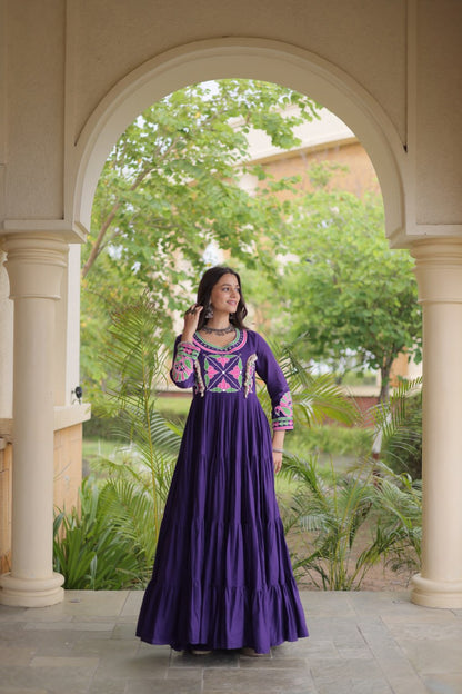 RangBhoomi Navratri Embroidered Kora Cotton Gown - Full Sleeve 54" Length (Rust, Purple)
