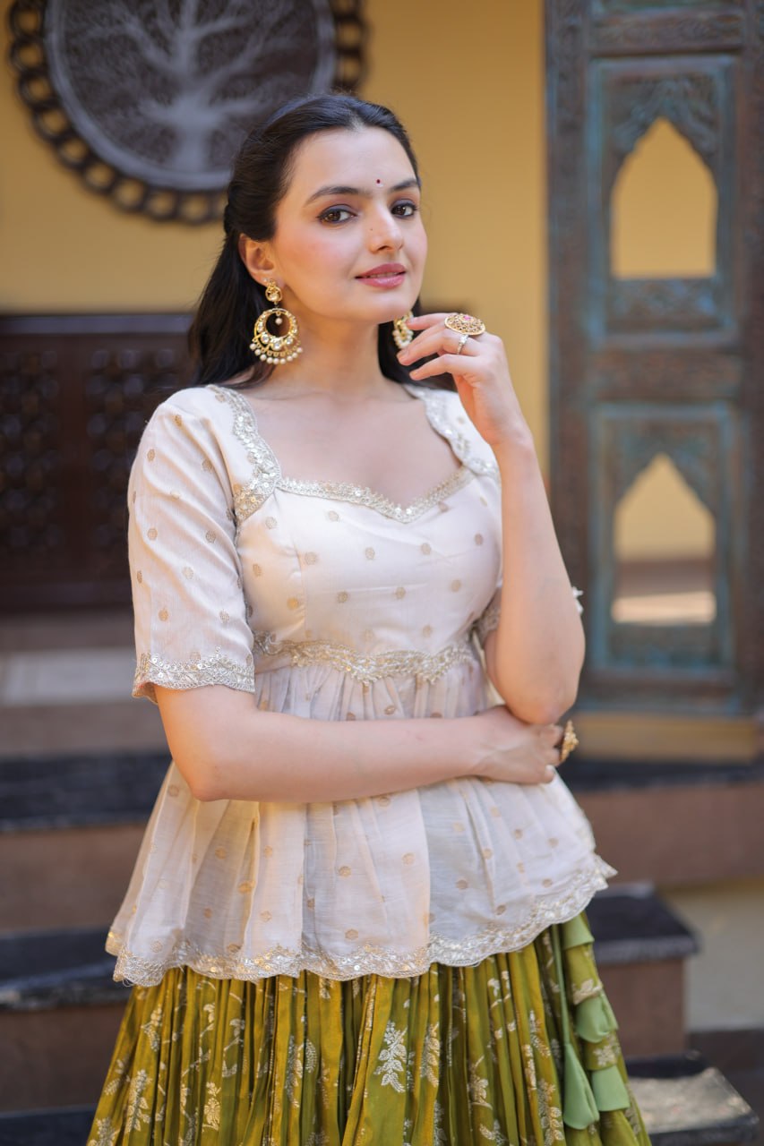 RangBhoomi Designer Dyeable Viscose Jacquard Lehenga Choli Set - Parrot & Wine