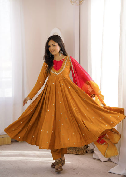RangBhoomi Roman Silk Anarkali Set with Mirror Embroidery & Kota Chexs Dupatta - Ready-to-Wear