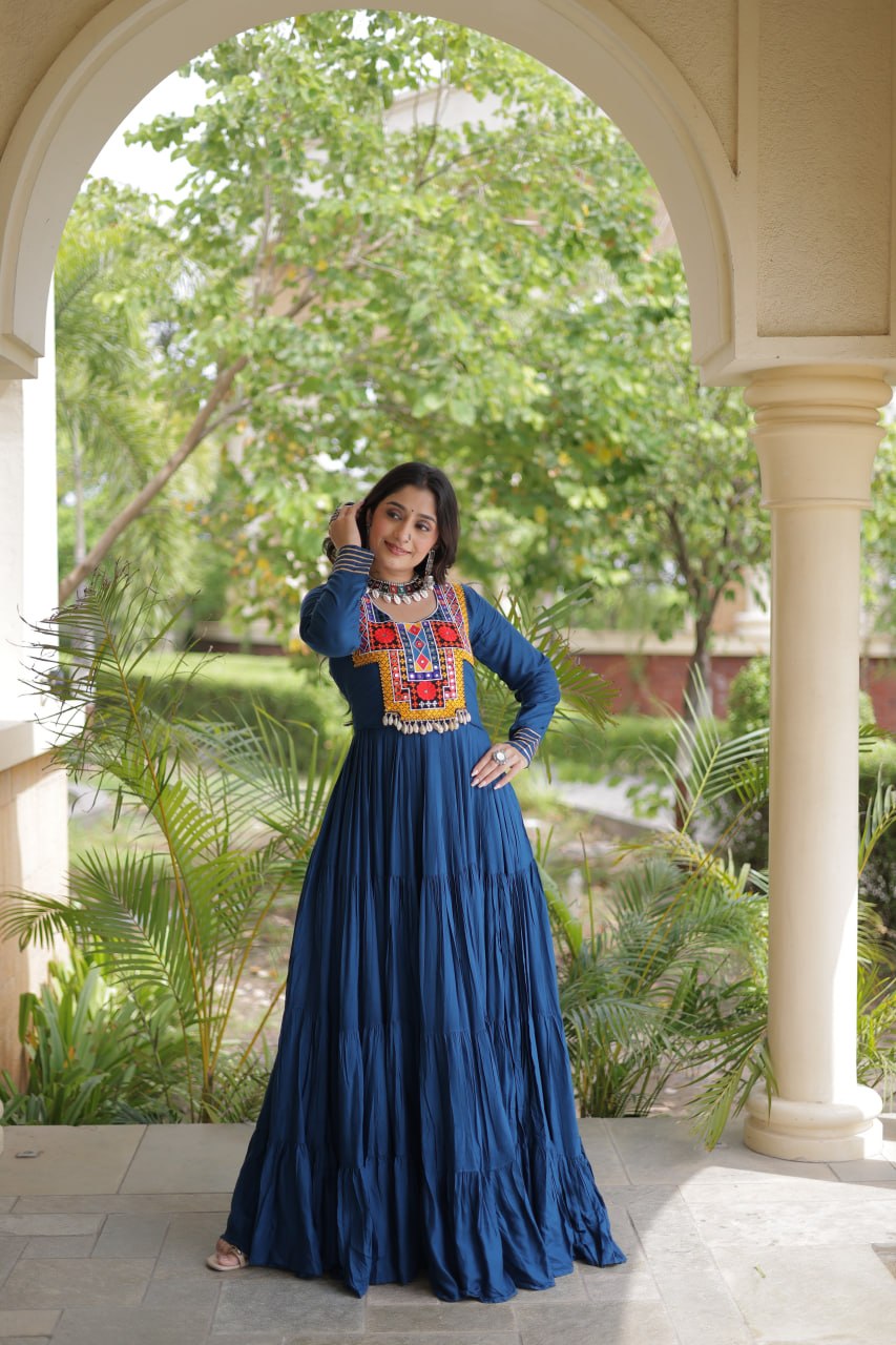 RangBhoomi Navratri Gown Collection 2026 — Wine, Rama & White Embroidered Mirror Work Gown