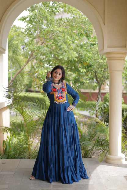 RangBhoomi Navratri Gown Collection 2026 — Wine, Rama & White Embroidered Mirror Work Gown