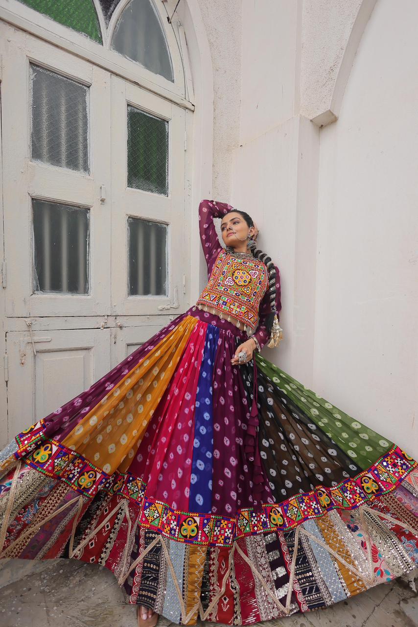 Navratri Festival Full-Stitched Georgette Lehenga Choli with Vintage and Kutchi Gamthi Embellishments