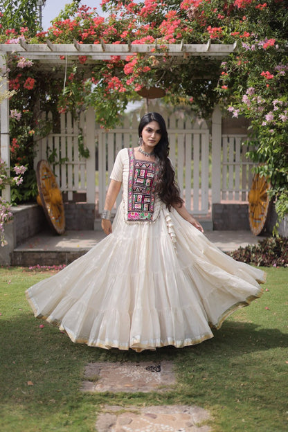 RangBhoomi Navratri 2026 Kora Cotton Full-Stitched Lehenga & Blouse Set — L (40", Adjustable 38–44)