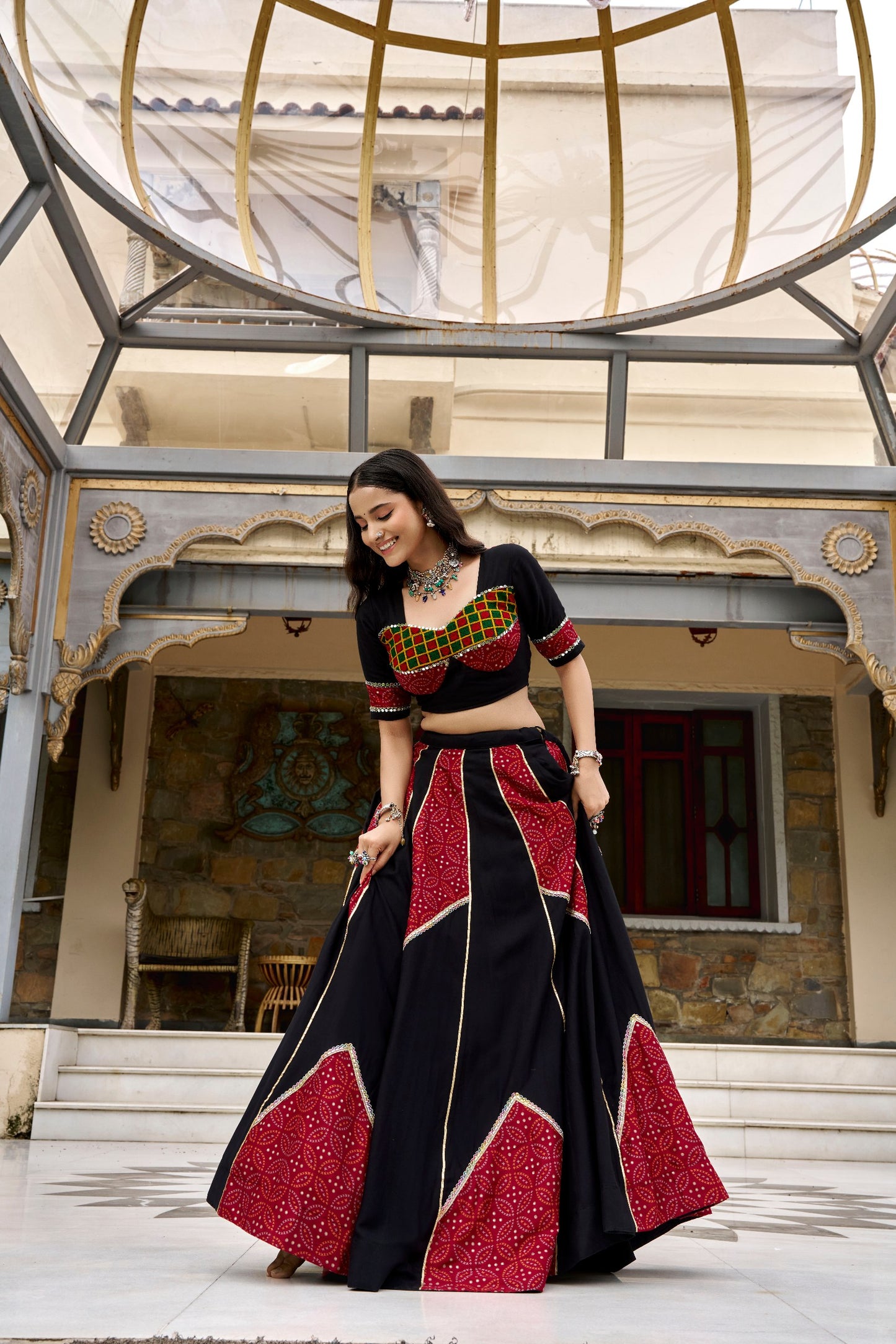 RangBhoomi Navratri 2026 Rayon Ajrakh Lehenga with Mirror Lace & Tassel Dupatta