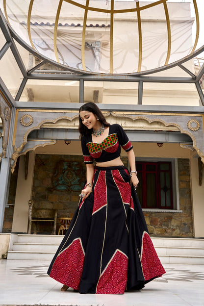 RangBhoomi Navratri 2026 Rayon Ajrakh Lehenga with Mirror Lace & Tassel Dupatta