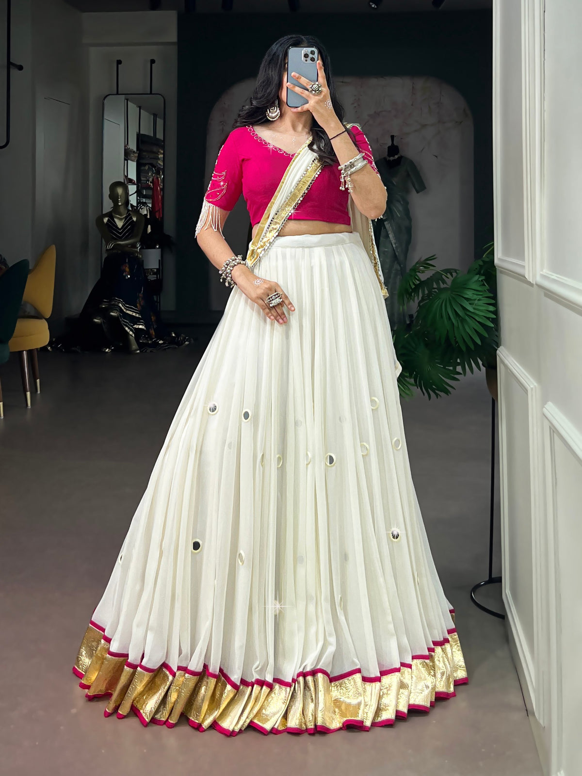 RangBhoomi Navratri Special Embellished Lehenga Choli with Mirror Work and Tassels