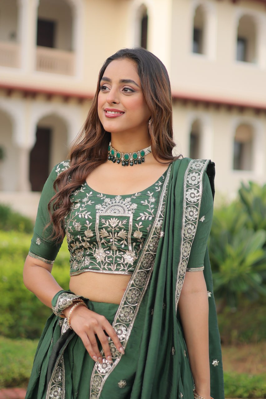 RangBhoomi Premium Vichitra Silk Lehenga Choli Set 2026 with Embroidered Sequins, Zari & Thread Work