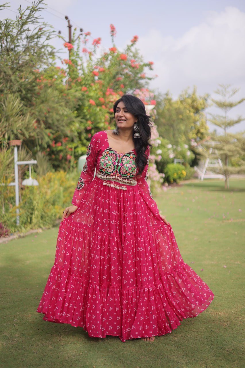 RangBhoomi Bandhani & Kutchi Patchwork Faux Georgette Gown — Full Sleeve, 12m Flair, Cotton Lining