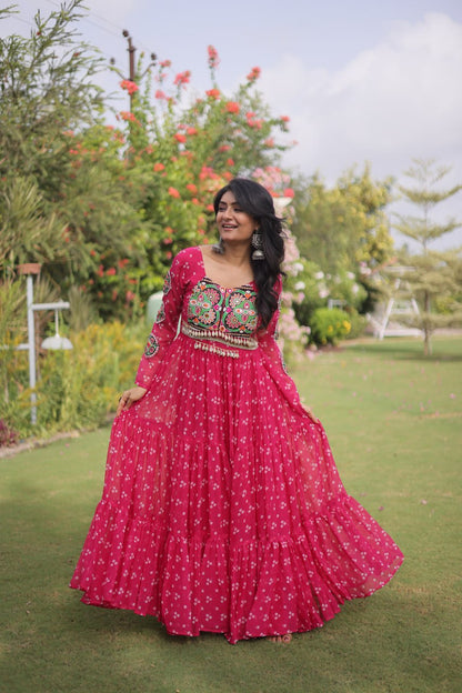 RangBhoomi Bandhani & Kutchi Patchwork Faux Georgette Gown — Full Sleeve, 12m Flair, Cotton Lining