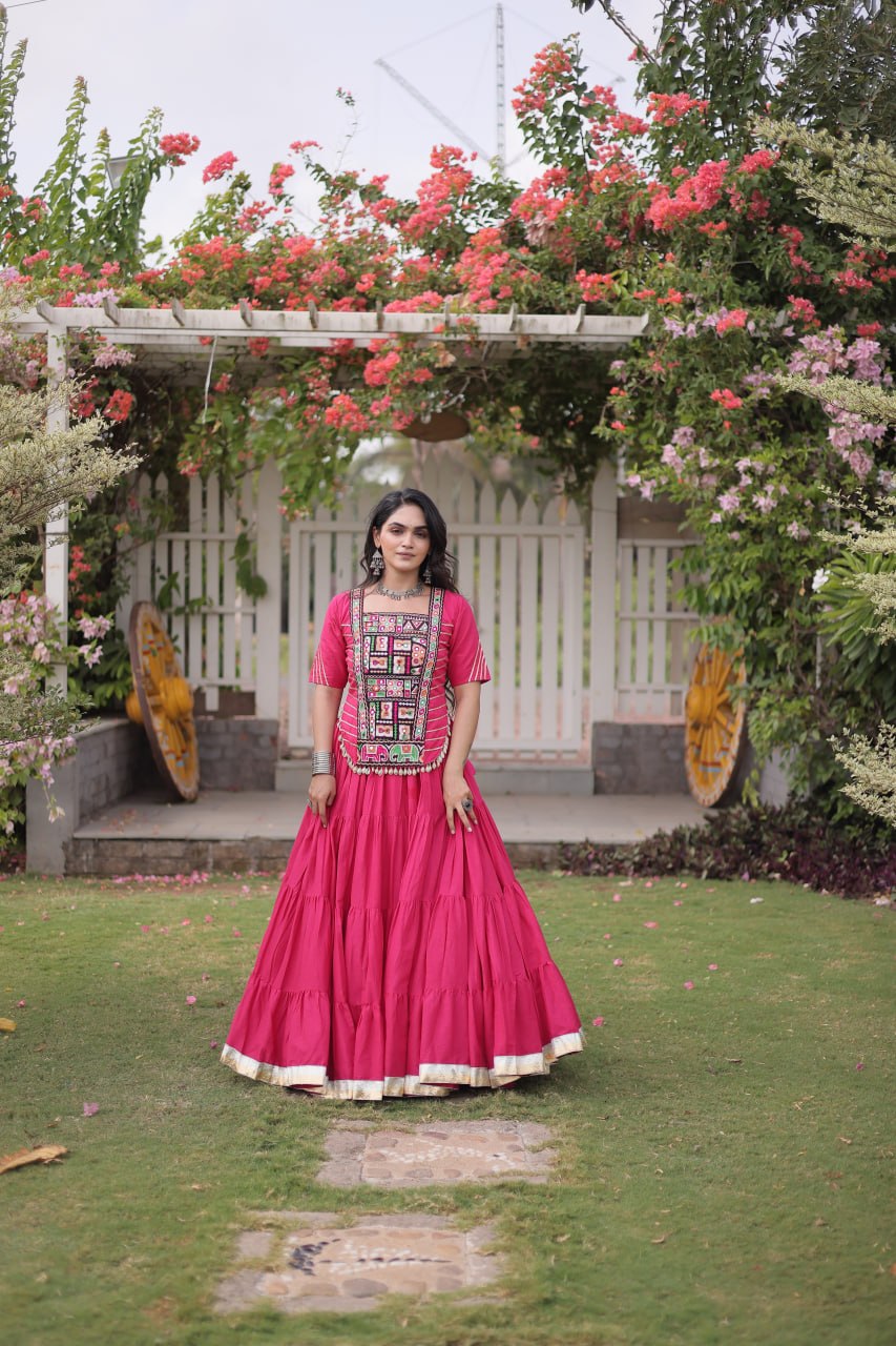 RangBhoomi Navratri 2026 Kora Cotton Full-Stitched Lehenga & Blouse Set — L (40", Adjustable 38–44)