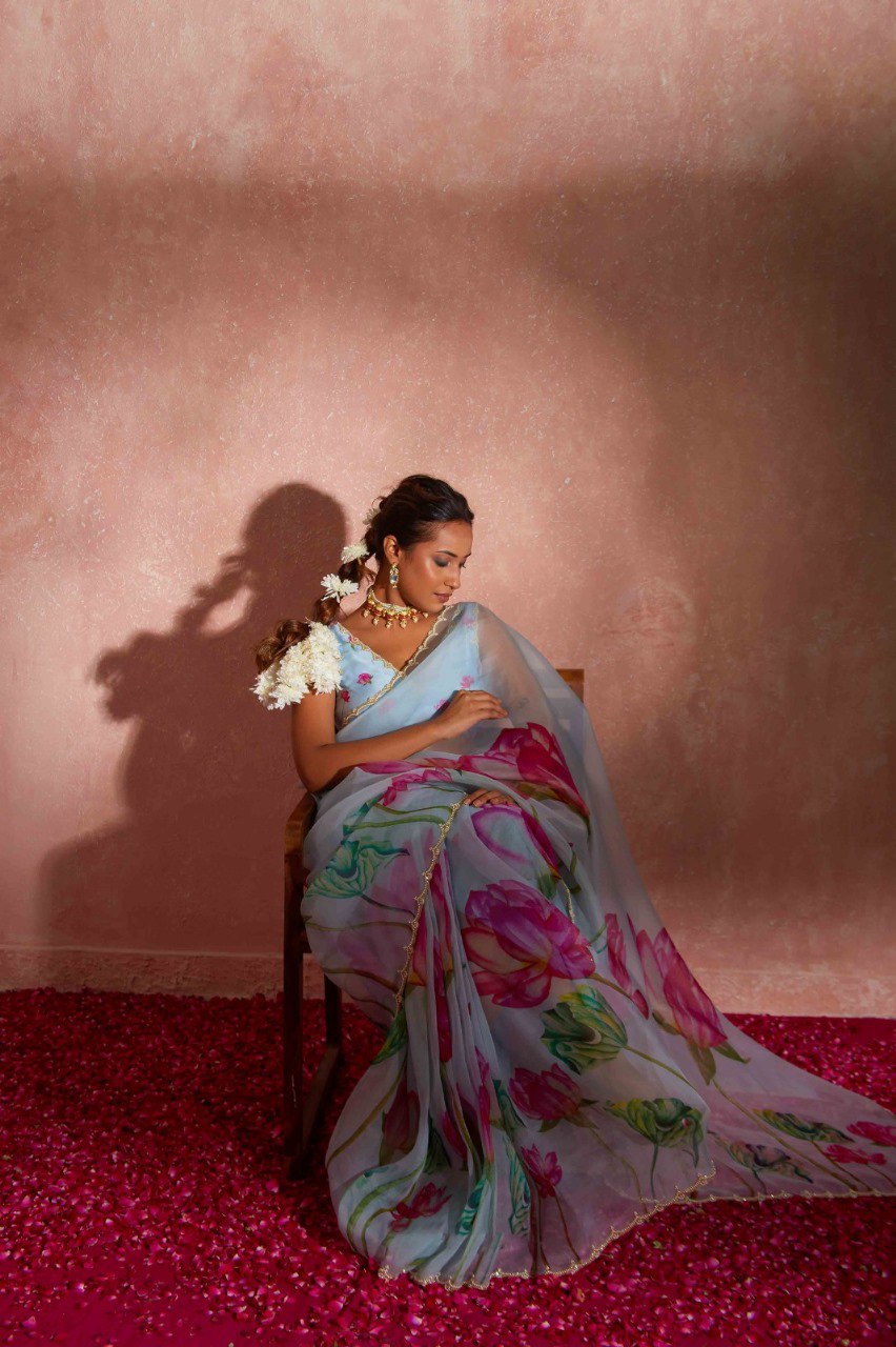 Ready To Wear Organza Silk Saree - Floral Printed