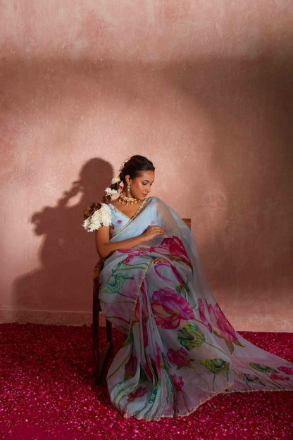 Ready To Wear Organza Silk Saree - Floral Printed