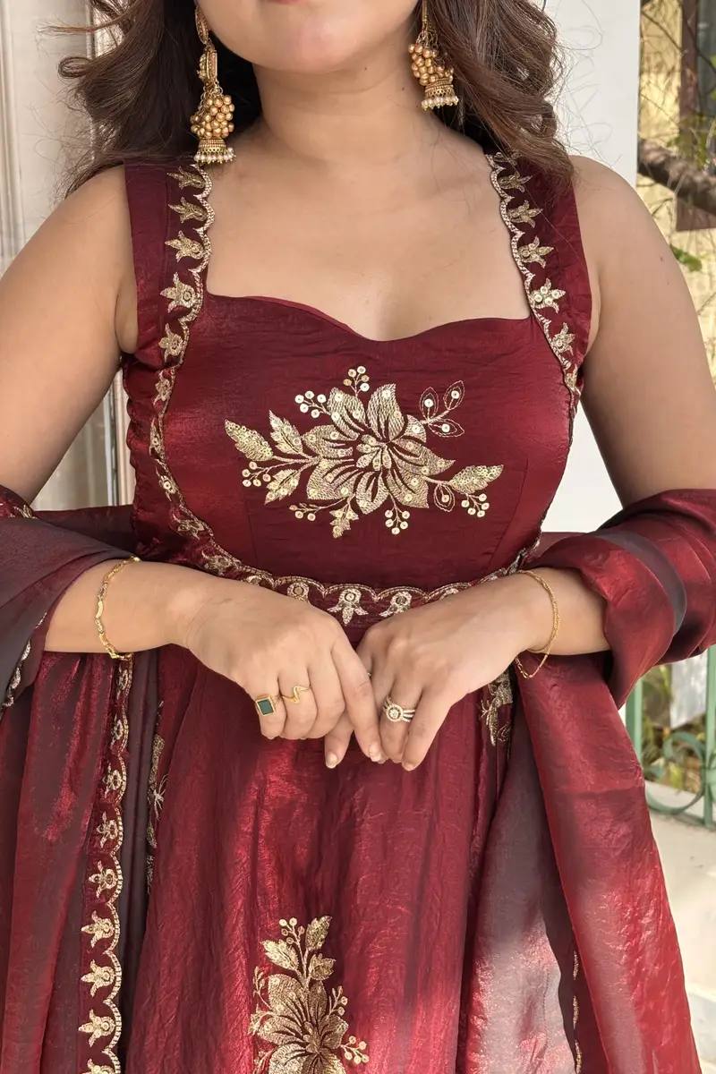 Elegant Party Wear Fendi Satin Gown Set with Dupatta and Pants Featuring 3mm Metallic Sequins and Intricate Zari Embroidery