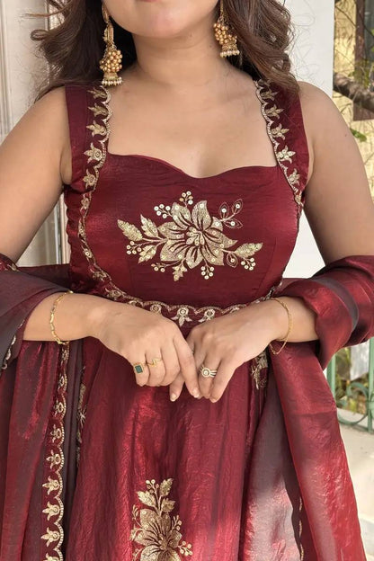 Elegant Party Wear Fendi Satin Gown Set with Dupatta and Pants Featuring 3mm Metallic Sequins and Intricate Zari Embroidery