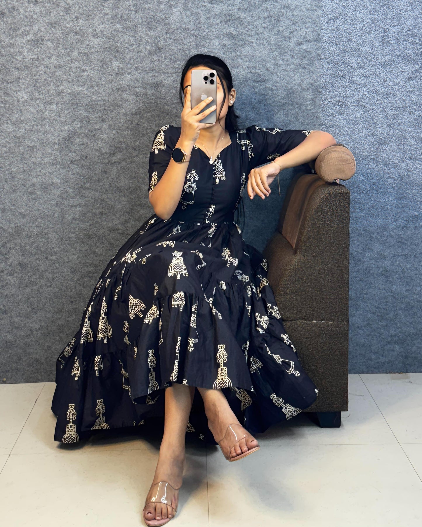 RangBhoomi Exclusive Hand-Block Printed Pure Cotton Warli Art Maxi Gown with Side Pocket