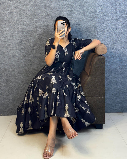 RangBhoomi Exclusive Hand-Block Printed Pure Cotton Warli Art Maxi Gown with Side Pocket