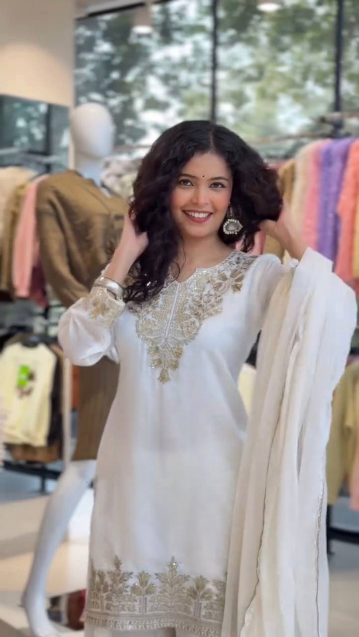 Elegant and Comfortable Wedding Season Suit Set with Sequined Embroidered Top, Palazzo Pants, and Lace-Trimmed Dupatta by RangBhoomi