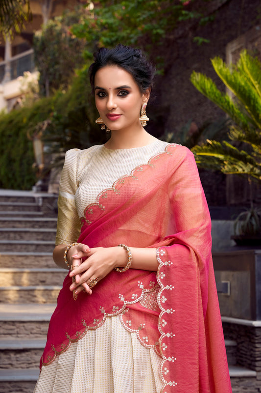 Elegant Golden Jacquard Lehenga Set with Zari Weaving and Sequined Shimmer Dupatta