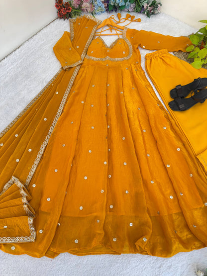 Elegant Party Wear Fendi Satin Gown Set with Dupatta and Pants Featuring 3MM Rembo Sequin and Zari Embroidery