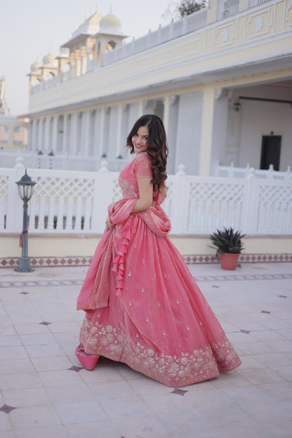 Elegant Lehenga Choli Set with Heavy Sequins and Zari Thread Embroidery in Fendi Silk