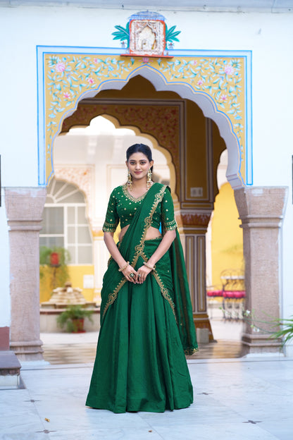 Emerald Royal Elegance – Stunning NC Silk Lehenga with Sequined Embroidery and Elegant Dupatta