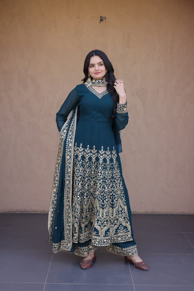 RangBhoomi Premium Readymade Gown with Pant & Dupatta Set - Embroidered Faux Blooming Festive Ensemble