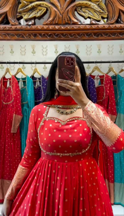 Elegant New Jacquard Gown with Fox Georgette Dupatta – Fully Stitched, Comfortable Fit