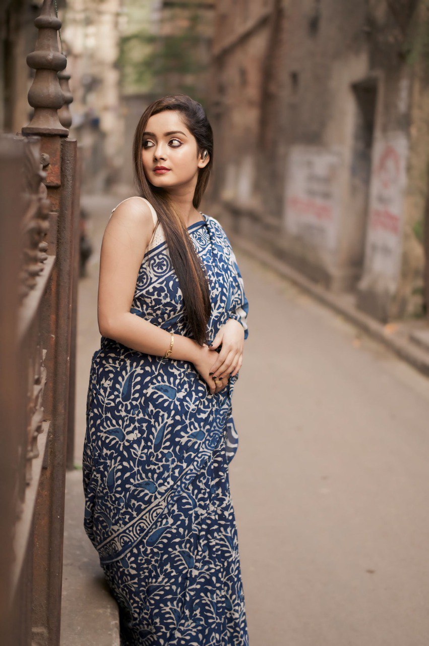 Blue and white printed Ready to Wear Cotton Saree displayed on white background.