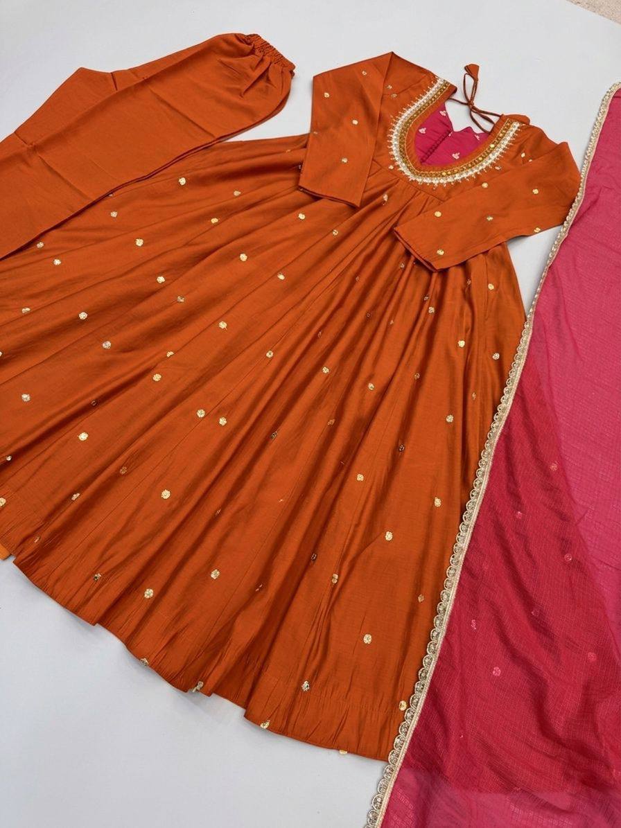 RangBhoomi Roman Silk Anarkali Set with Mirror Embroidery & Kota Chexs Dupatta - Ready-to-Wear