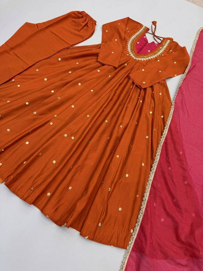 RangBhoomi Roman Silk Anarkali Set with Mirror Embroidery & Kota Chexs Dupatta - Ready-to-Wear