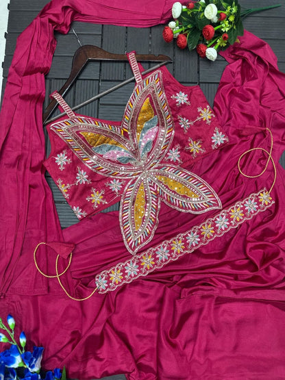 RangBhoomi Ready-to-Wear Saree with Elegant Embroidery and Sequined Blouse – Heavy Crepe Fabric