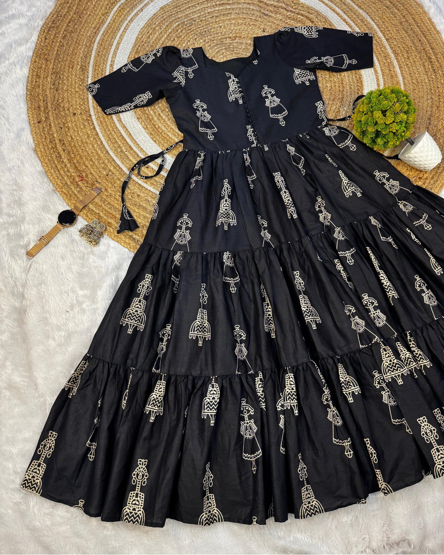 RangBhoomi Exclusive Hand-Block Printed Pure Cotton Warli Art Maxi Gown with Side Pocket