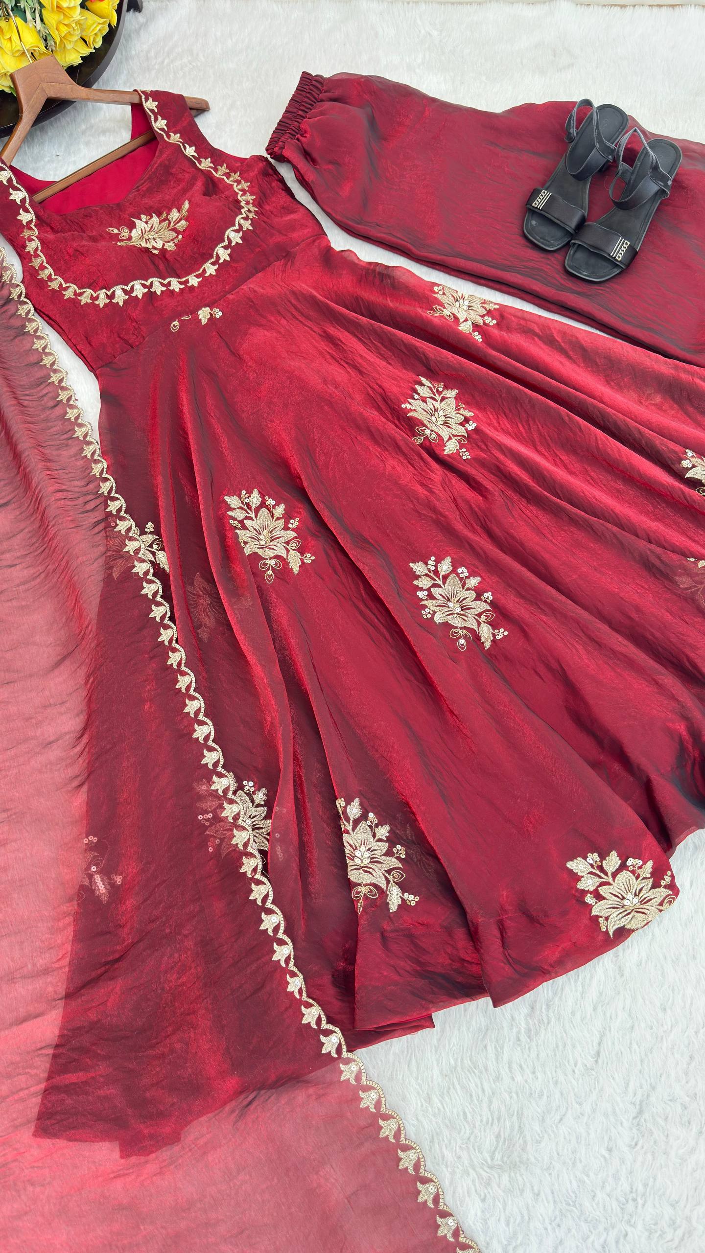 Elegant Party Wear Fendi Satin Gown Set with Dupatta and Pants Featuring 3mm Metallic Sequins and Intricate Zari Embroidery