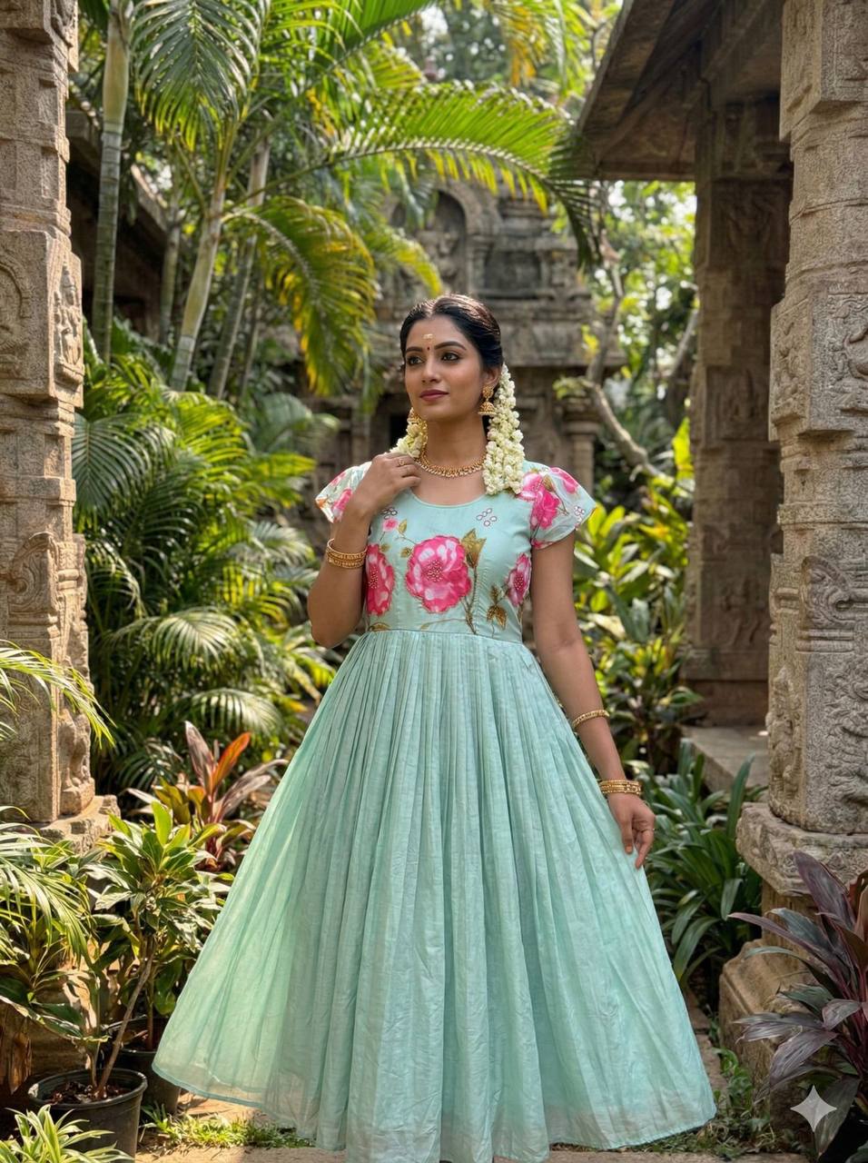 Elegant Mul Mul Cotton Gown with Intricate Maggam Embroidery – Where Style Meets Comfort