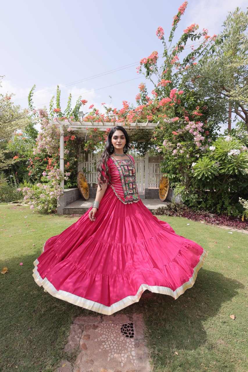 RangBhoomi Navratri 2026 Kora Cotton Full-Stitched Lehenga & Blouse Set — L (40", Adjustable 38–44)