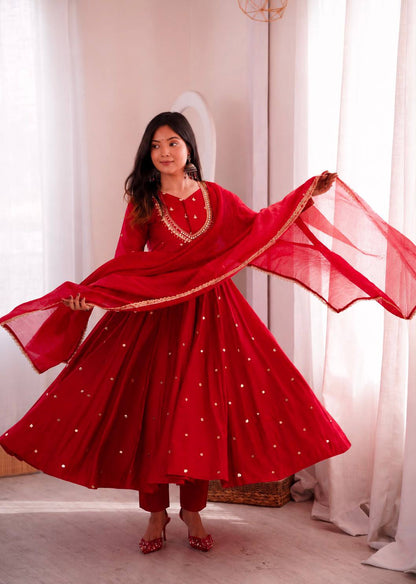 RangBhoomi Roman Silk Anarkali Set with Mirror Embroidery & Kota Chexs Dupatta - Ready-to-Wear