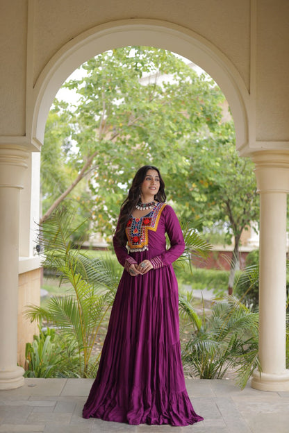 RangBhoomi Navratri Gown Collection 2026 — Wine, Rama & White Embroidered Mirror Work Gown