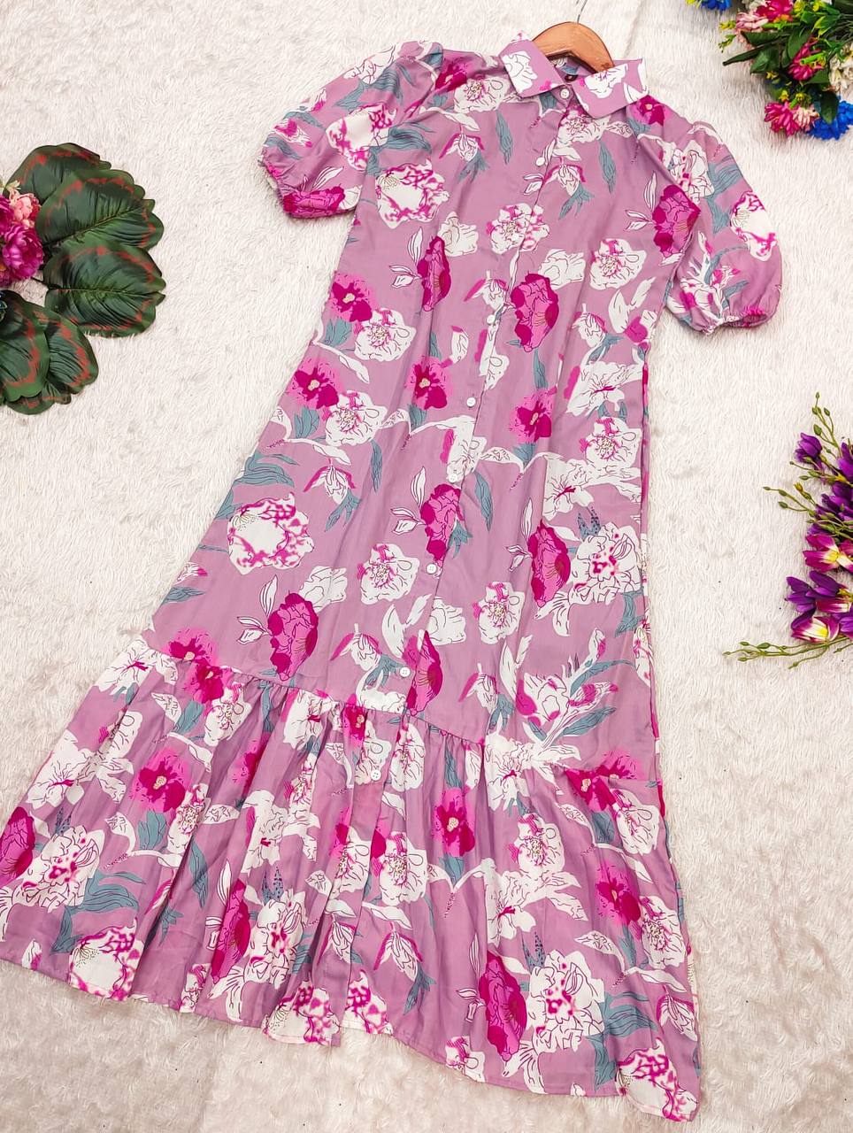 Overhead shot of the Lilac floral maxi dress on a hanger.