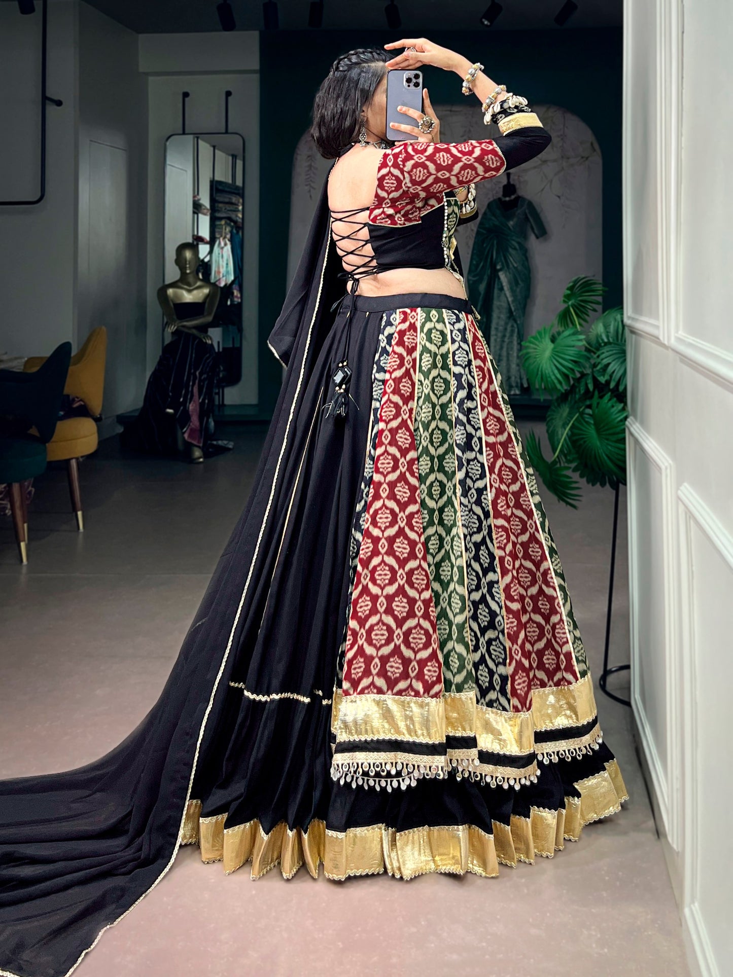 RangBhoomi Navratri Lehenga Set — Pure Rayon Heritage Print with Lace & 7m Flair