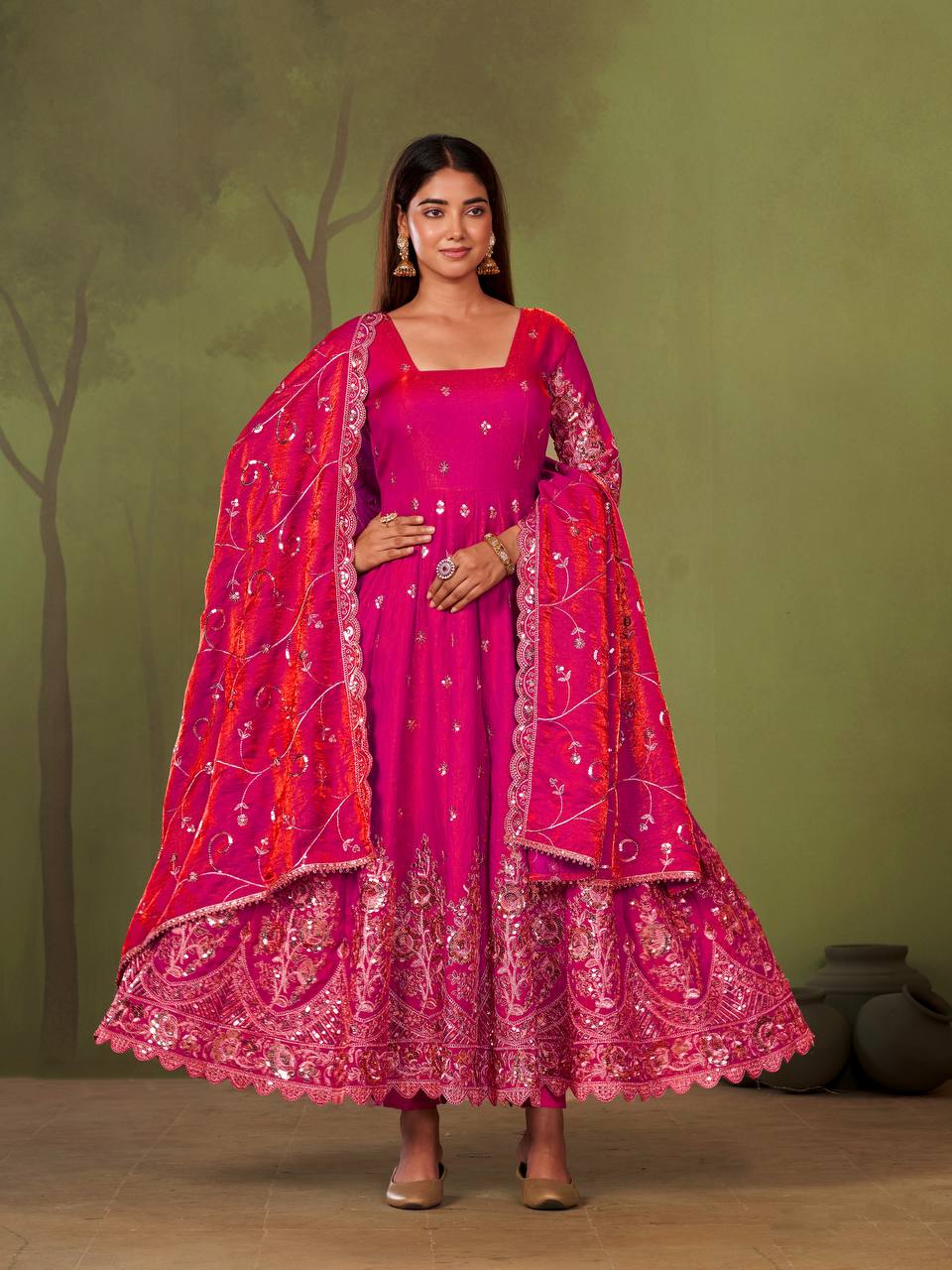 RangBhoomi Designer Party Wear Gown Set — 10 Colors, Heavy Jelly Shimmer Silk, Fully Stitched Embroidered Gown with Dupatta & Micro-Cotton Pant