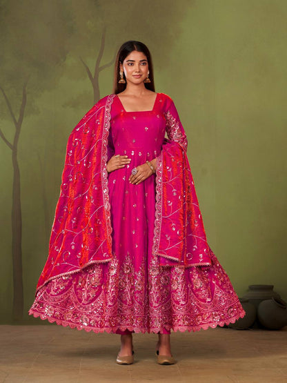 RangBhoomi Designer Party Wear Gown Set — 10 Colors, Heavy Jelly Shimmer Silk, Fully Stitched Embroidered Gown with Dupatta & Micro-Cotton Pant