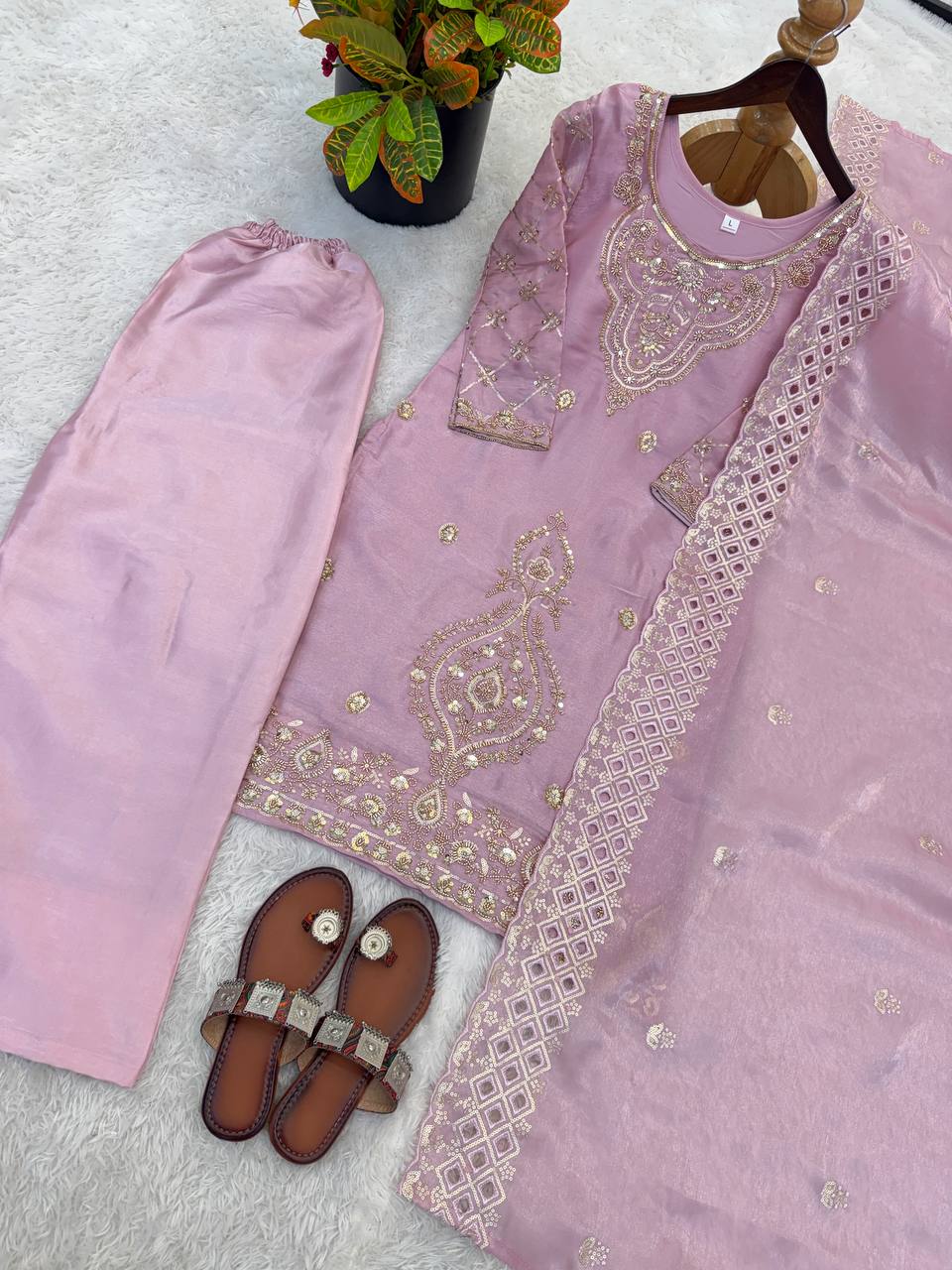 Elegant Designer Party Wear Top, Palazzos, and Dupatta Set with Intricate Heavy Embroidery and Beaded Detailing