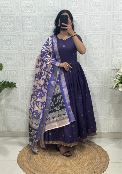 RangBhoomi Jacquard Zari Gown with Soft Silk Dupatta — 3 Colors, Sizes S–XXXL