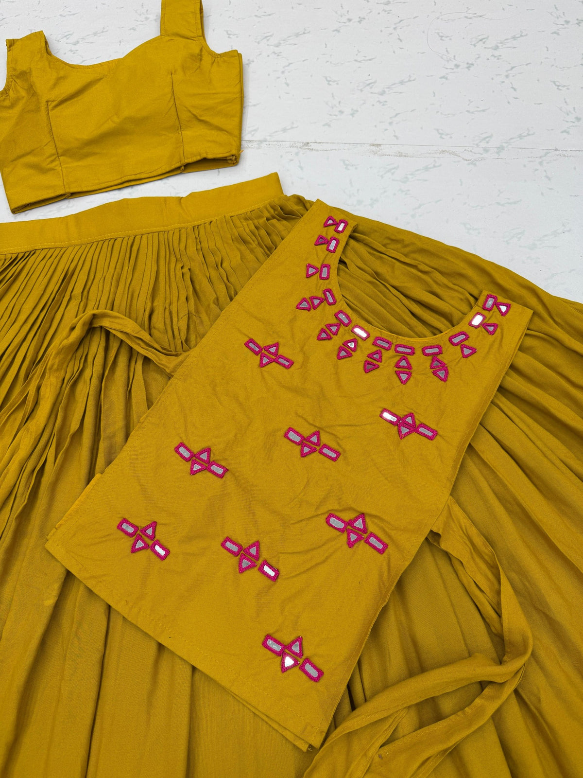 RangBhoomi Navratri Special Rion Cotton Lehenga Choli with Mirror Jacket - Fully Stitched, 6m Flair