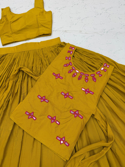 RangBhoomi Navratri Special Rion Cotton Lehenga Choli with Mirror Jacket - Fully Stitched, 6m Flair