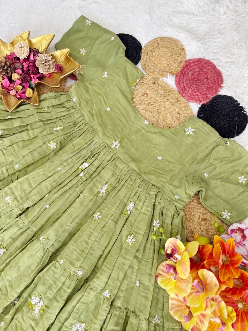 Elegant Floral Mull Cotton Chanderi Midi Gown for Summer – Embroidered, Fully Stitched, Available in Multiple Sizes