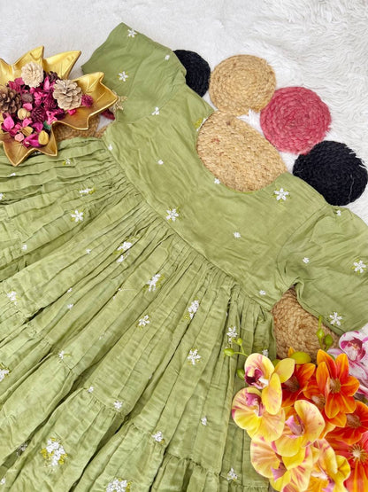 Elegant Floral Mull Cotton Chanderi Midi Gown for Summer – Embroidered, Fully Stitched, Available in Multiple Sizes