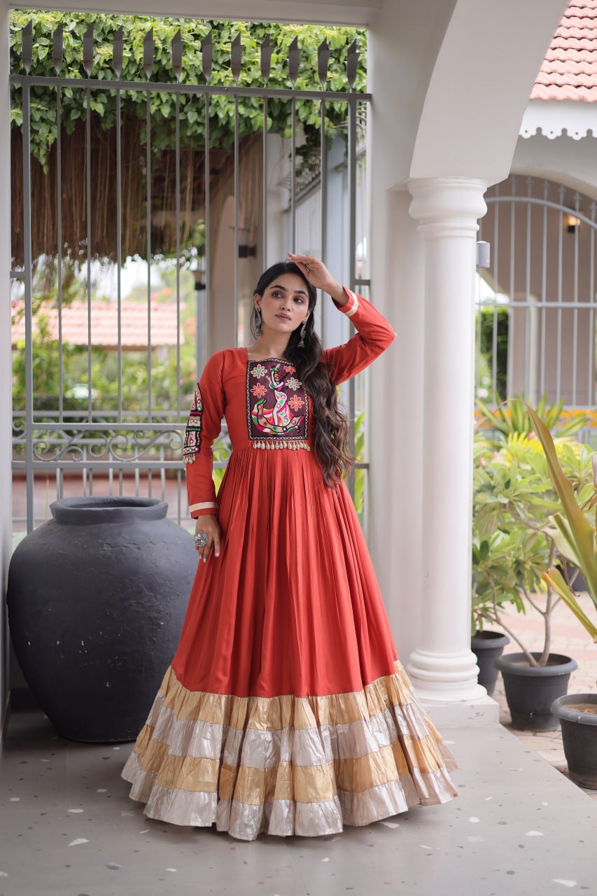 RangBhoomi Navratri Gown Collection 2026 — 14KG Rayon Kutchi Gamthi Thread Work, 12m Flair