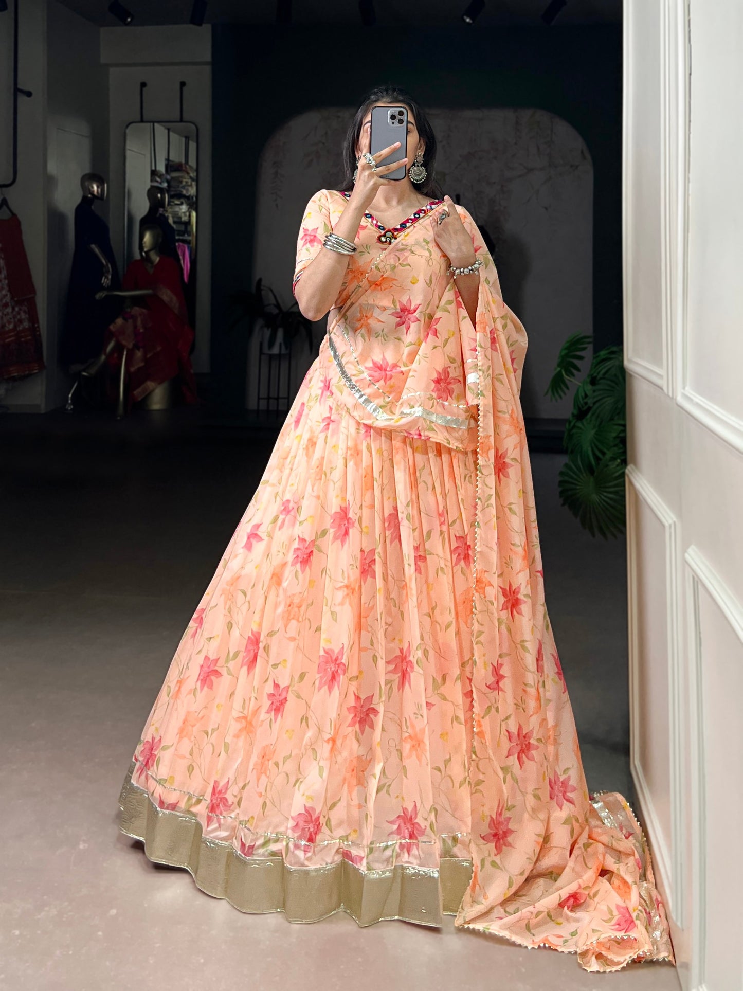 Celebrate Tradition Elegantly with a Floral Tabby Silk Lehenga Perfect for Festive Occasions