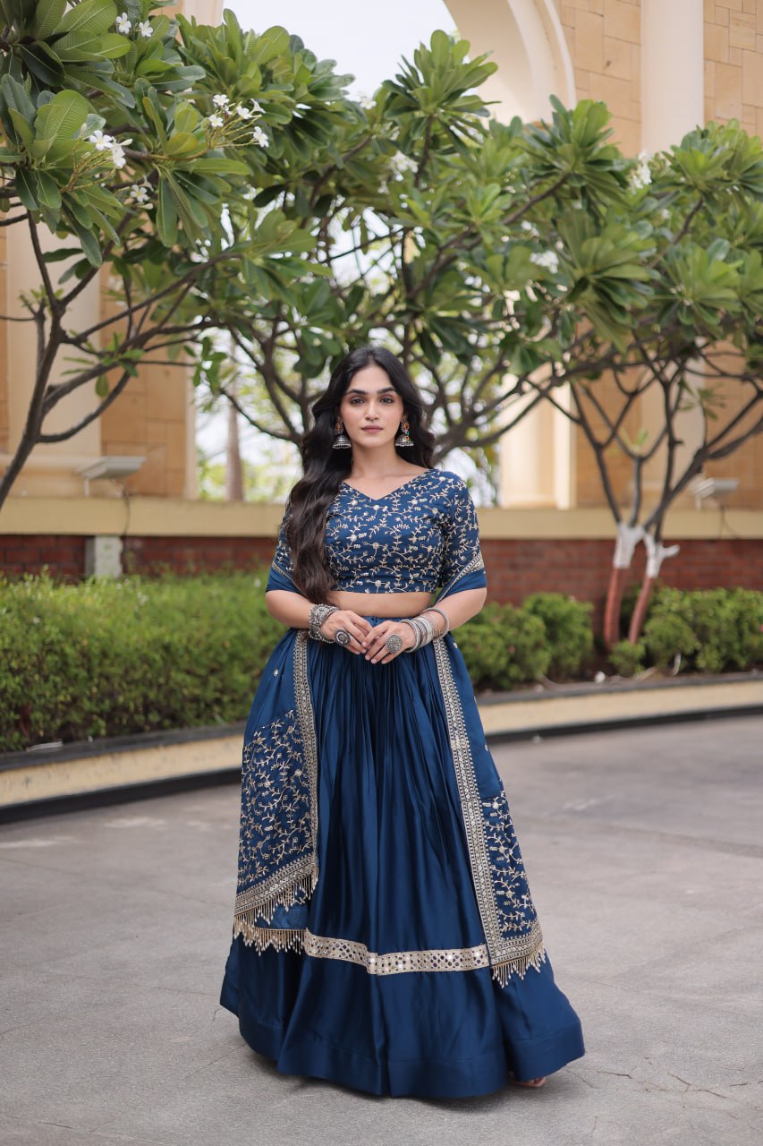 RangBhoomi Glory Satin Embroidered Lehenga Choli Set - Full-Stitched Lehenga with Designer Dupatta